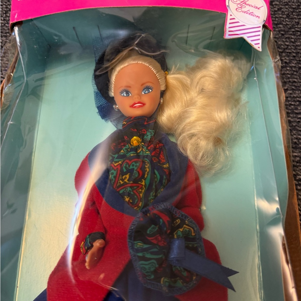 1991 Barbie Blonde Doll in Red Coat and Navy Dress with Patterned Scarf - Picture 2 of 4